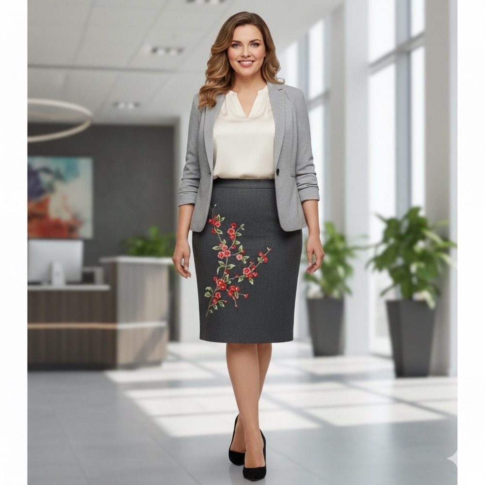 Garnet Hill 100% Wool Straight Pencil Skirt Women Plus 18 Gray Embroidery Floral
